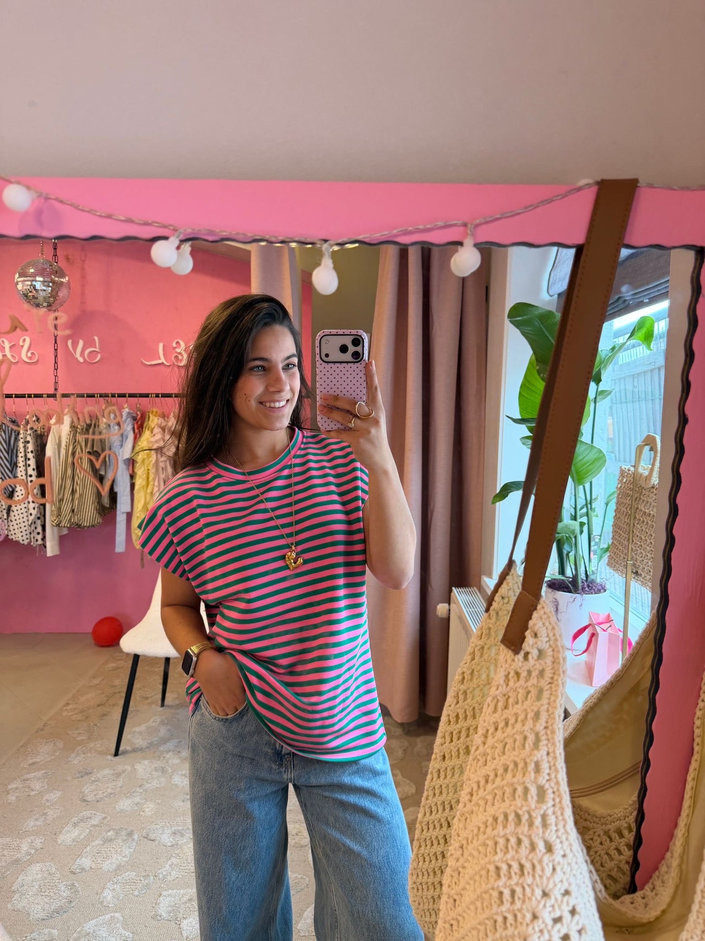 Mouwloze top gestreept - roze, groen