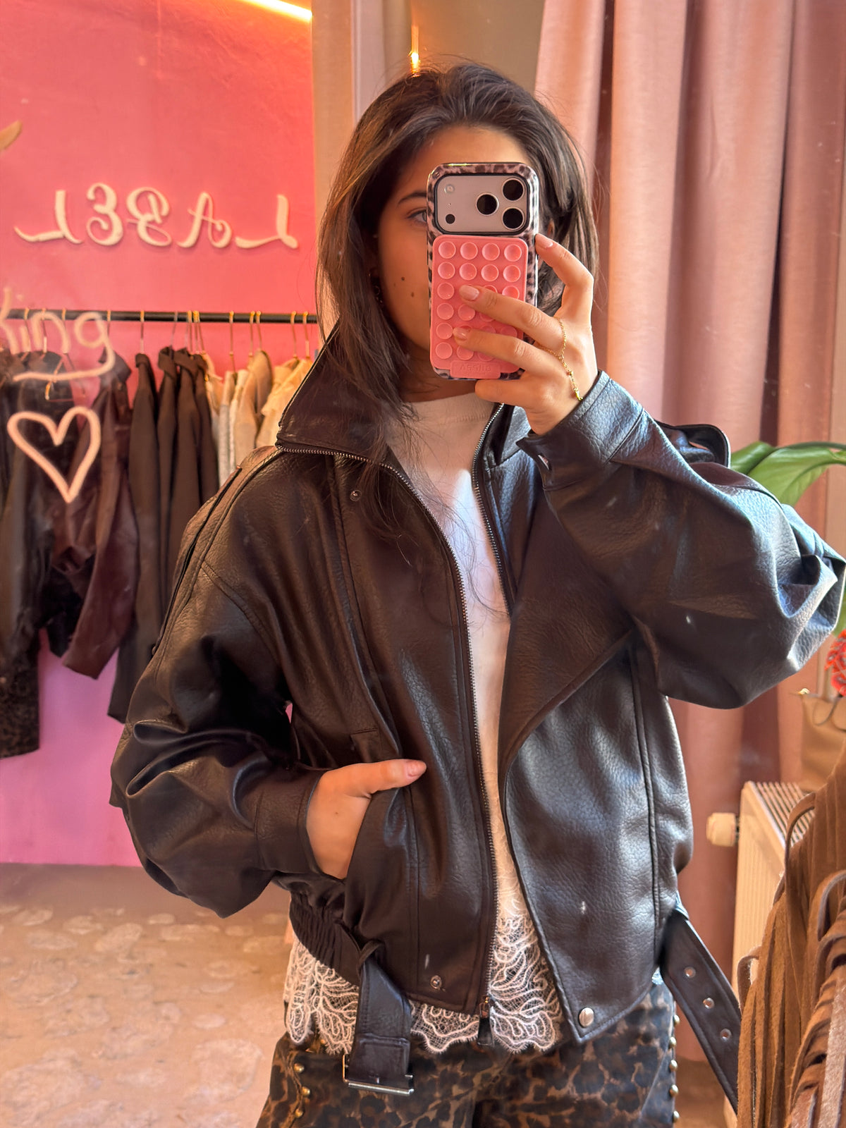 Espresso Leather Look Bomber - Bruin