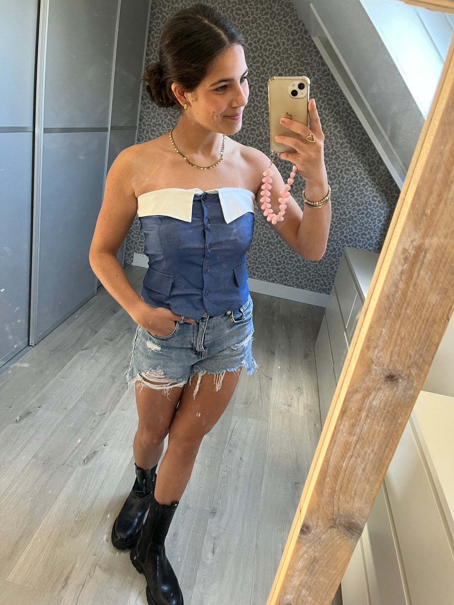 Denim Bandeau Top met Witte Kraagdetail
