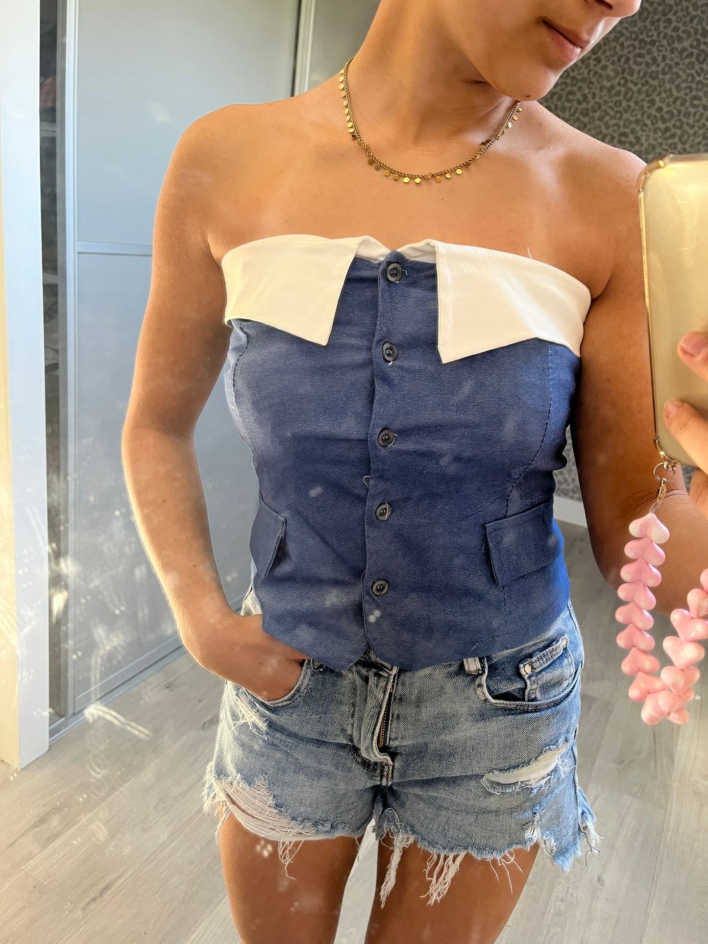 Denim Bandeau Top met Witte Kraagdetail