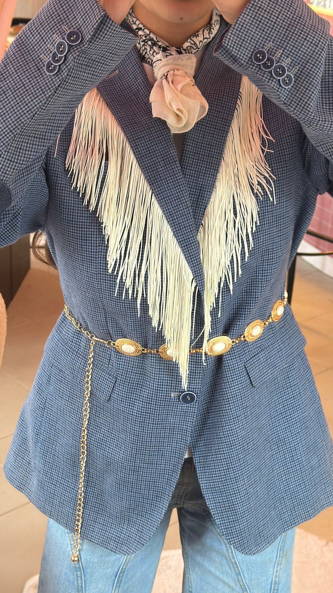 Vintage licht blauwe blazer - witte franjes