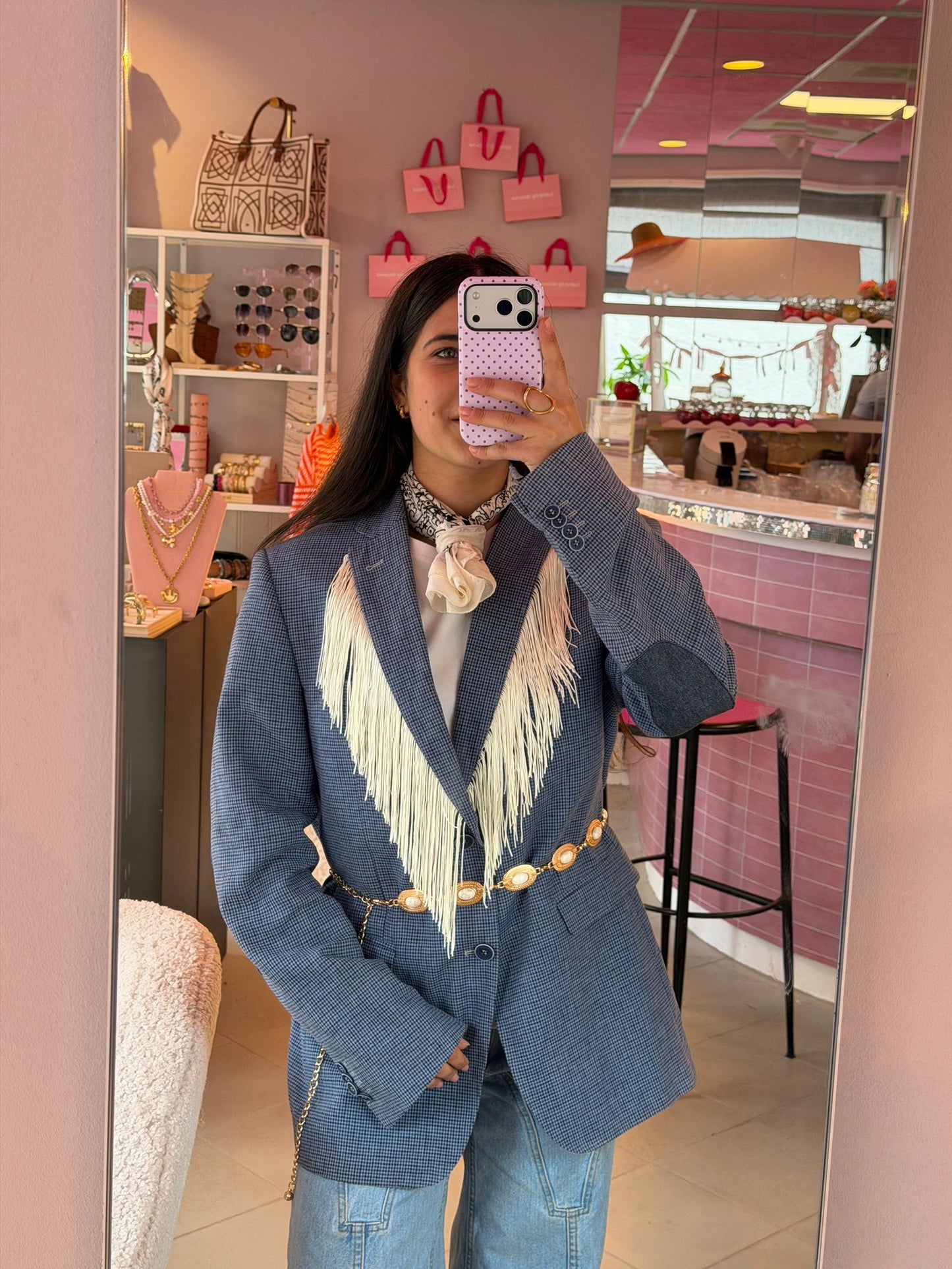 Vintage licht blauwe blazer - witte franjes