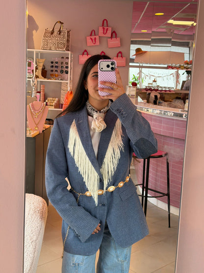 Vintage licht blauwe blazer - witte franjes