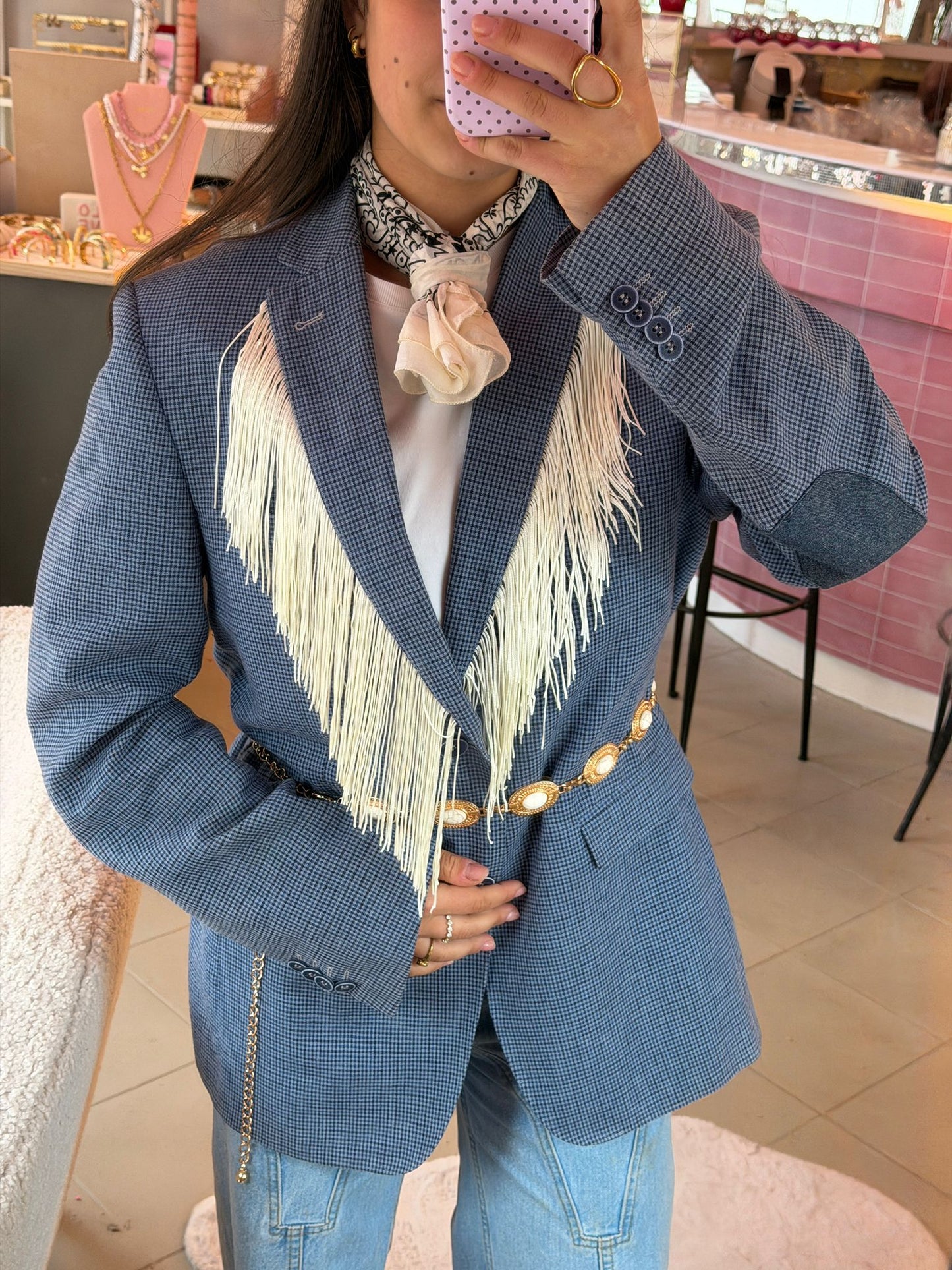Vintage licht blauwe blazer - witte franjes
