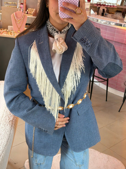 Vintage licht blauwe blazer - witte franjes
