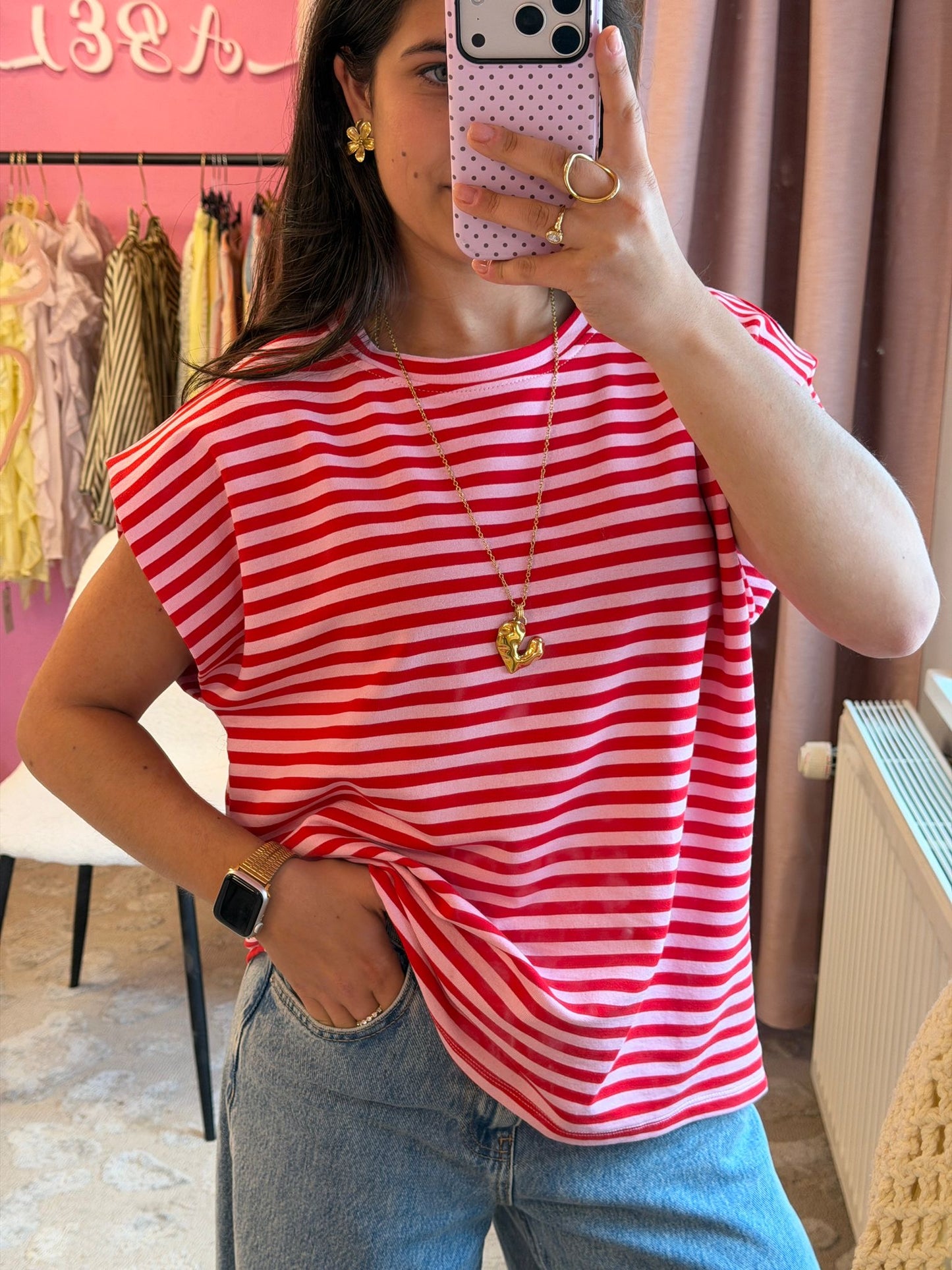 Striped mouwloze top - licht roze, donker roze