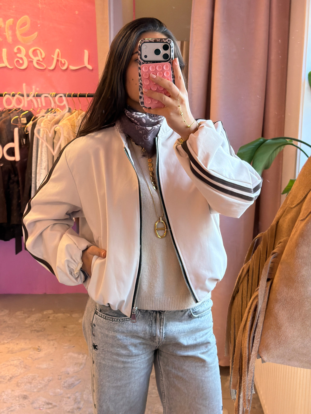 Sporty Track Bomber Jacket – Off White / Beige
