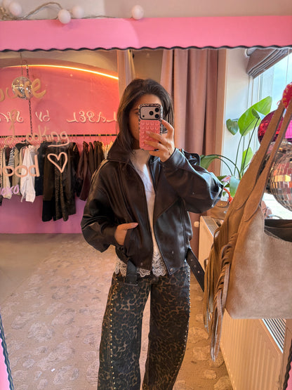 Espresso Leather Look Bomber - Bruin