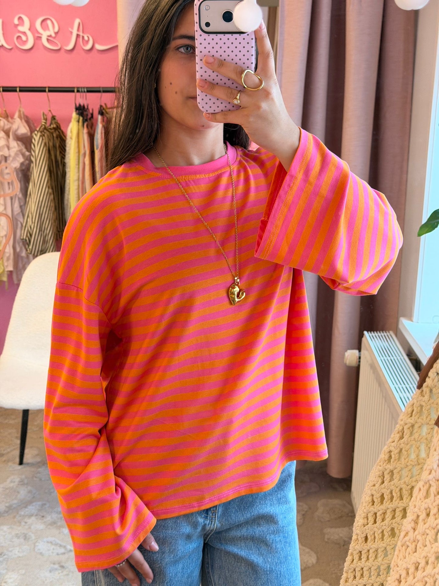 Striped longsleeve - orange, zalm roze