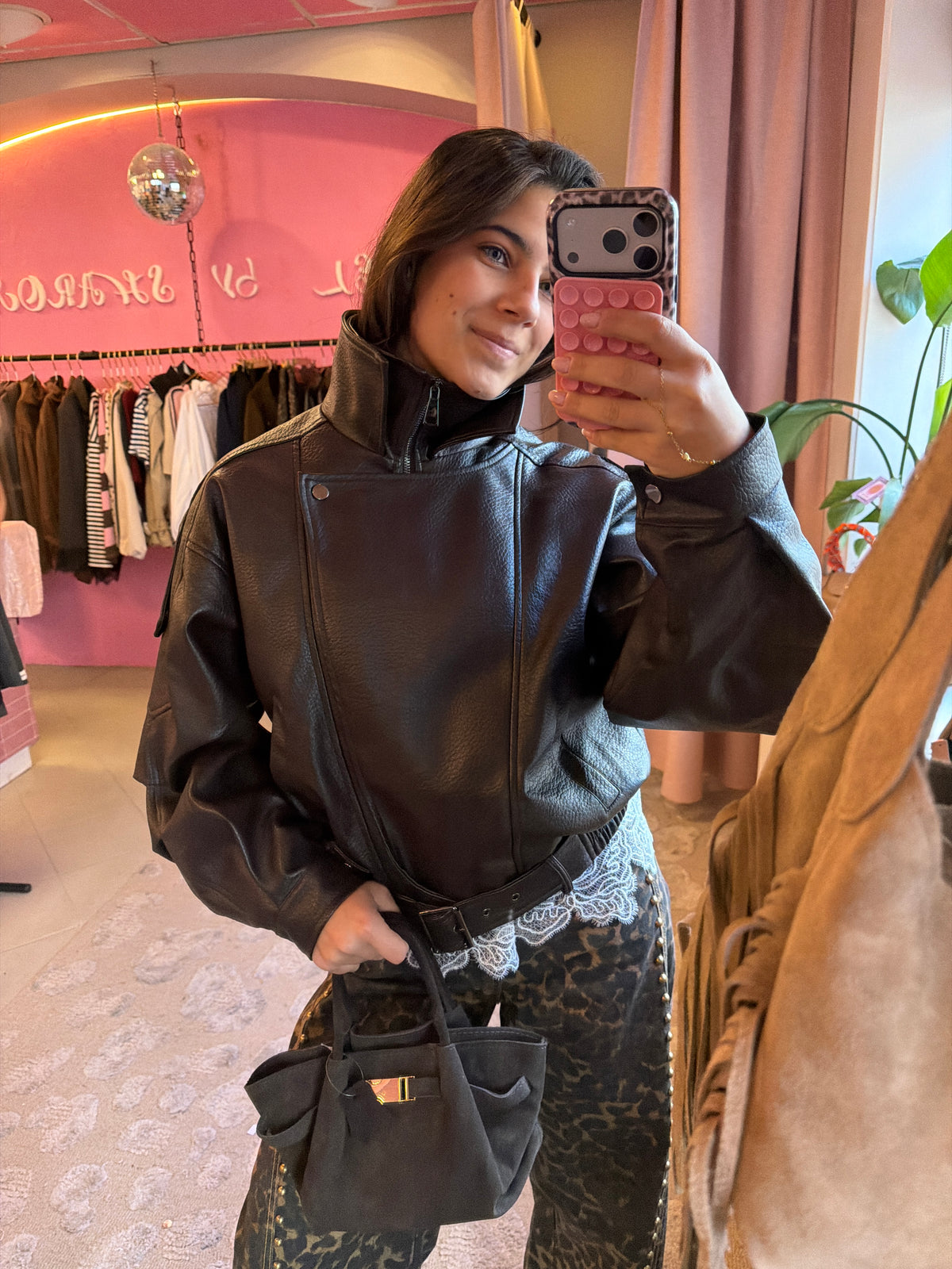 Espresso Leather Look Bomber - Bruin