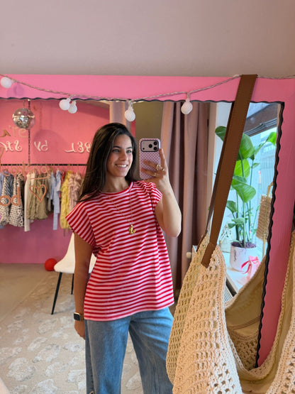 Striped mouwloze top - licht roze, donker roze