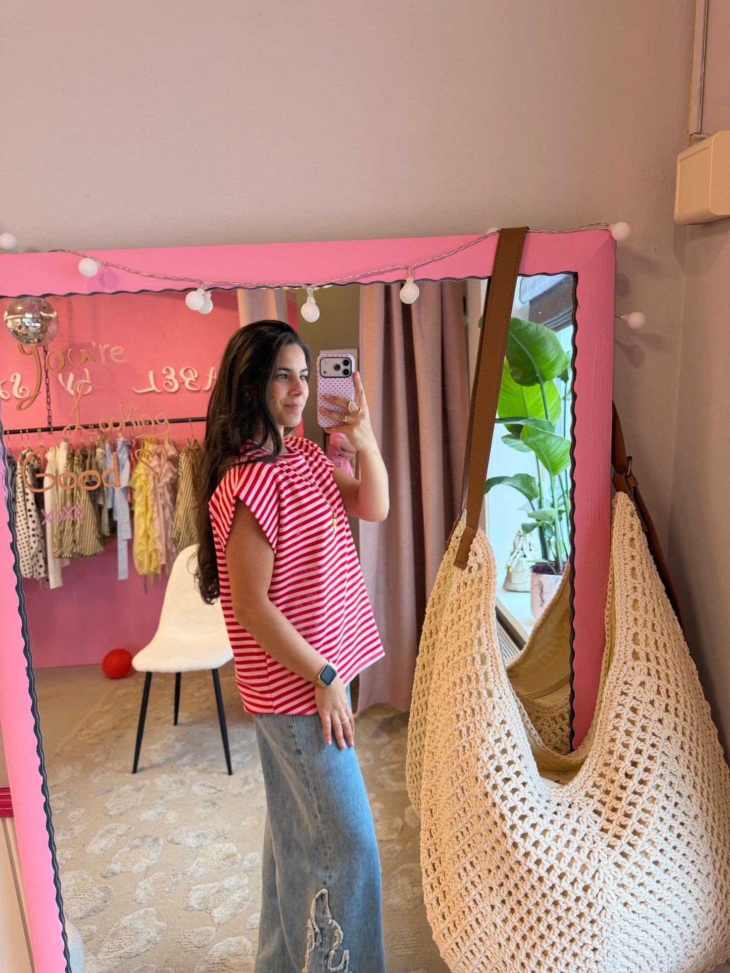 Striped mouwloze top - licht roze, donker roze