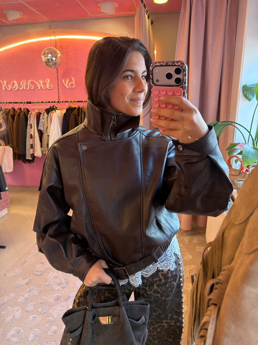 Espresso Leather Look Bomber - Bruin