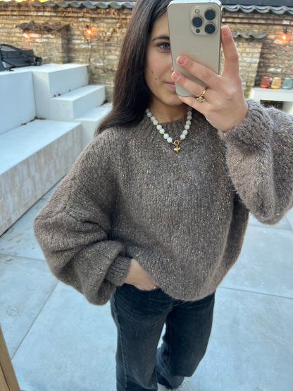 Warm & cozy sweater met goud glittertje - off white & bruin