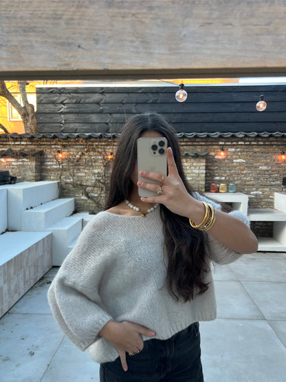 Off shoulder trui - Crème & bruin