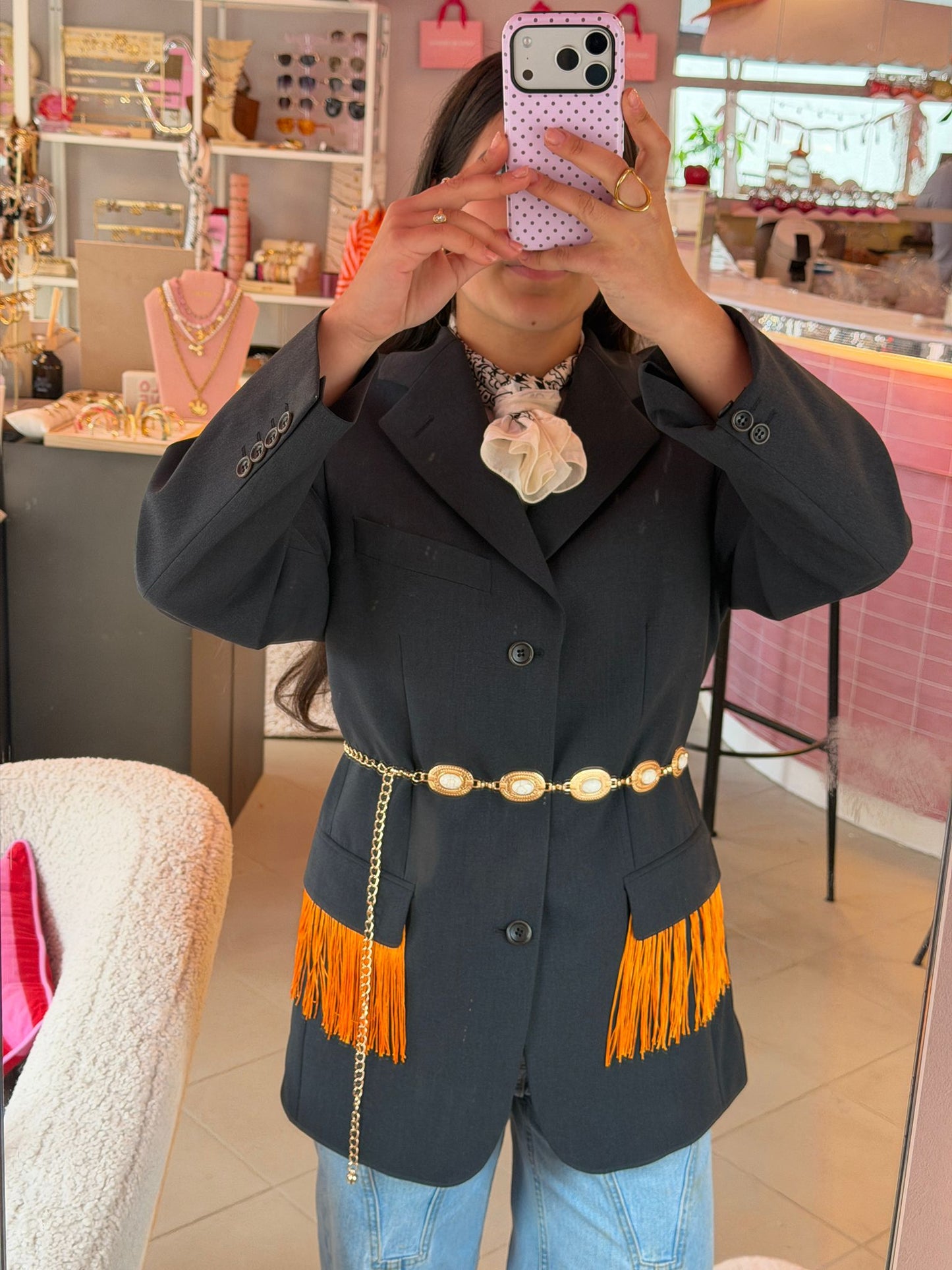 Vintage grijze blazer met franjes - oversized fit