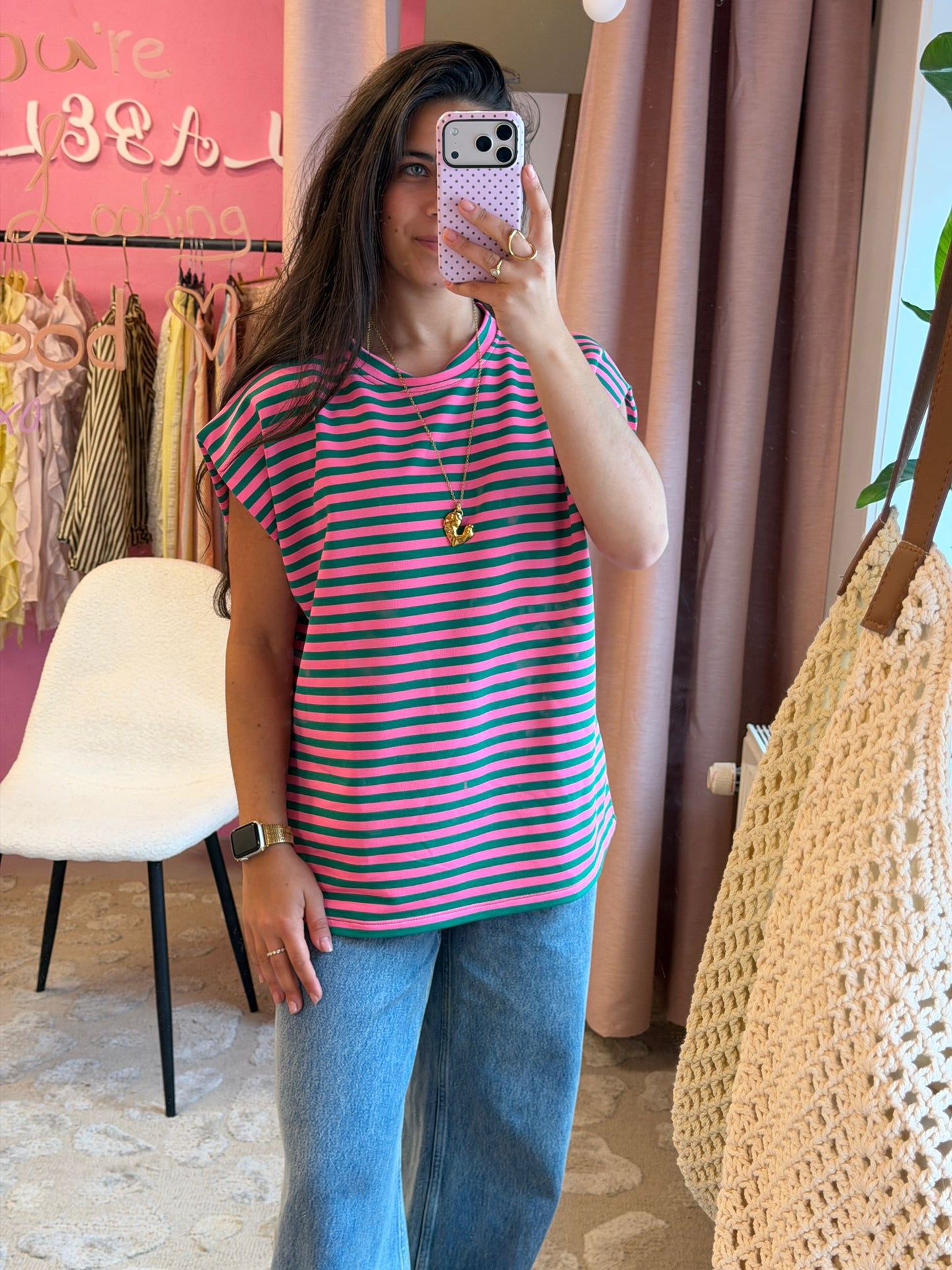 Mouwloze top gestreept - roze, groen