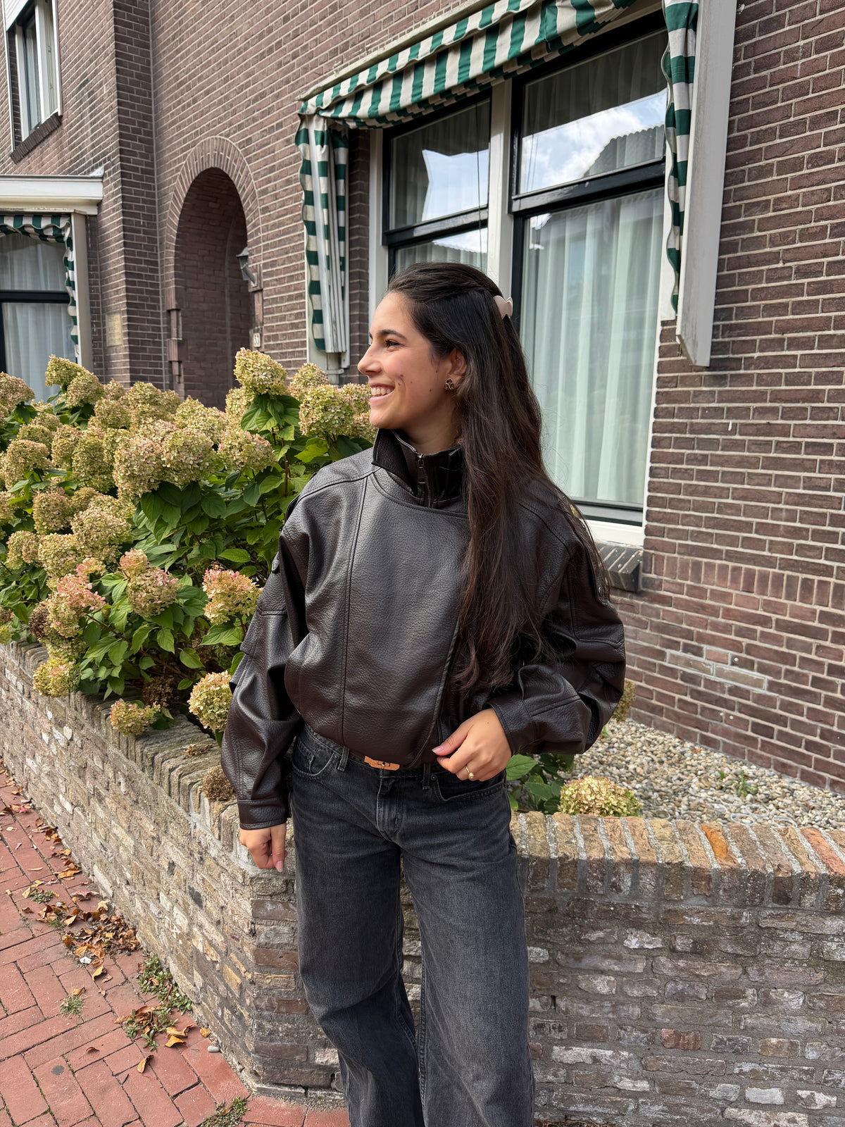 Espresso Leather Look Bomber - Bruin