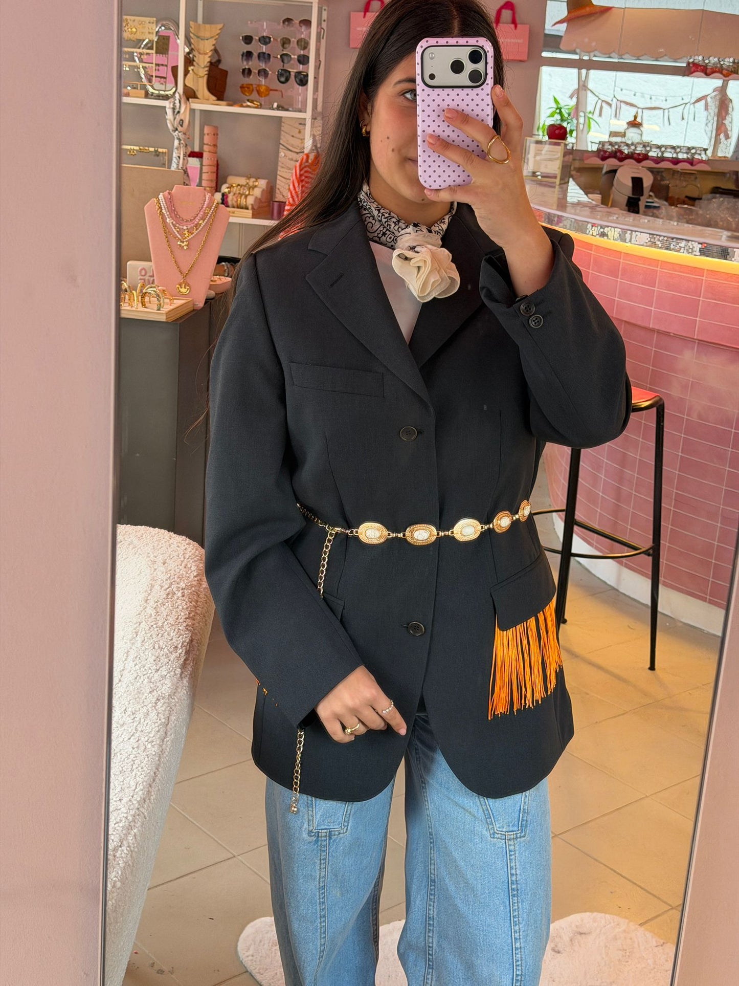 Vintage grijze blazer met franjes - oversized fit