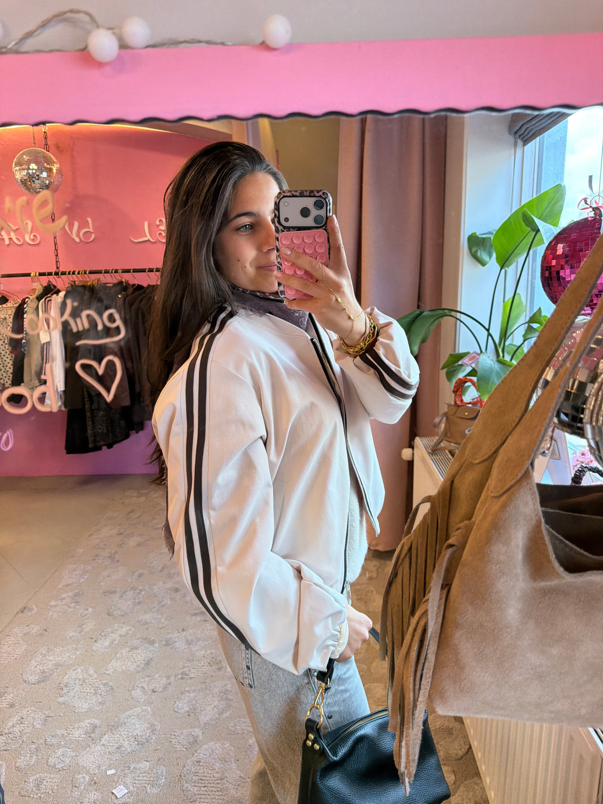 Sporty Track Bomber Jacket – Off White / Beige