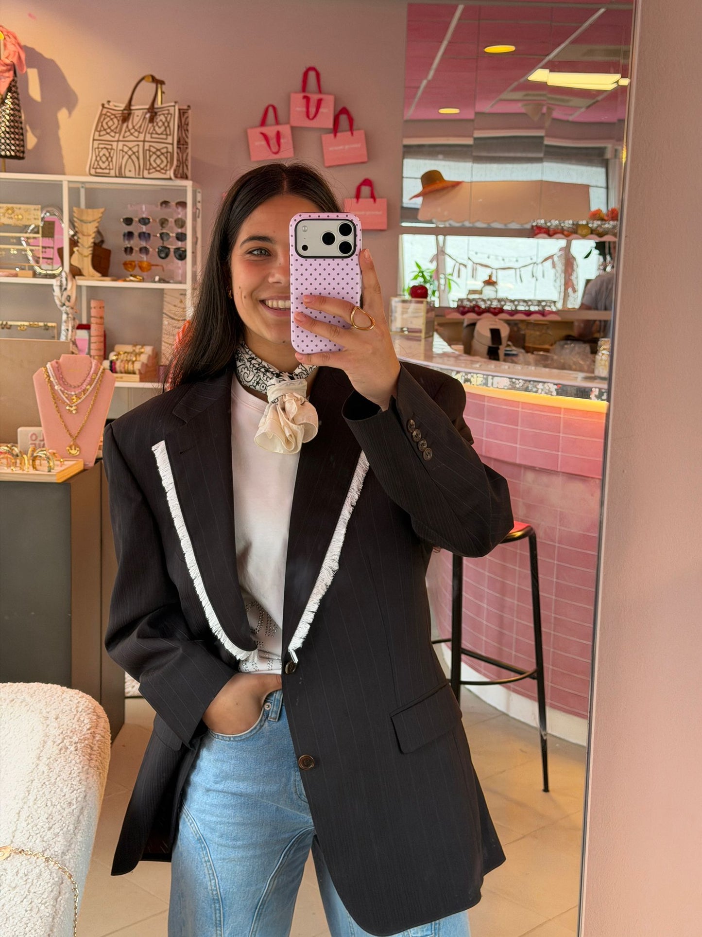 Vintage donker grijze blazer - witte franjes