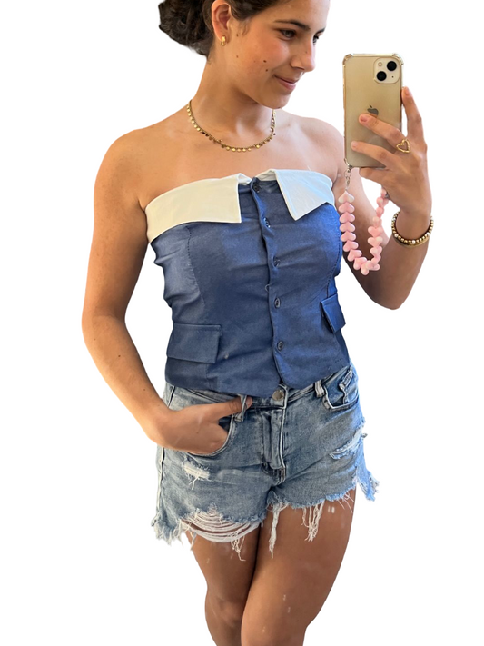 Denim Bandeau Top met Witte Kraagdetail