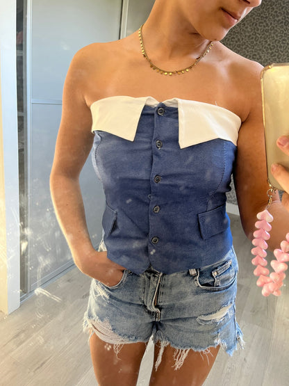 Denim Bandeau Top met Witte Kraagdetail