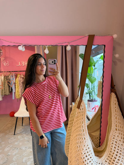 Striped mouwloze top - licht roze, donker roze