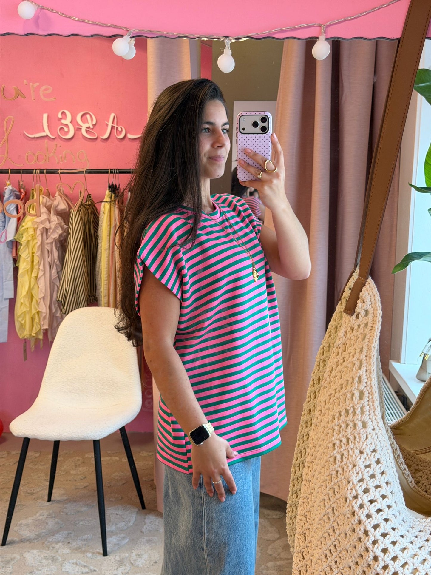 Mouwloze top gestreept - roze, groen