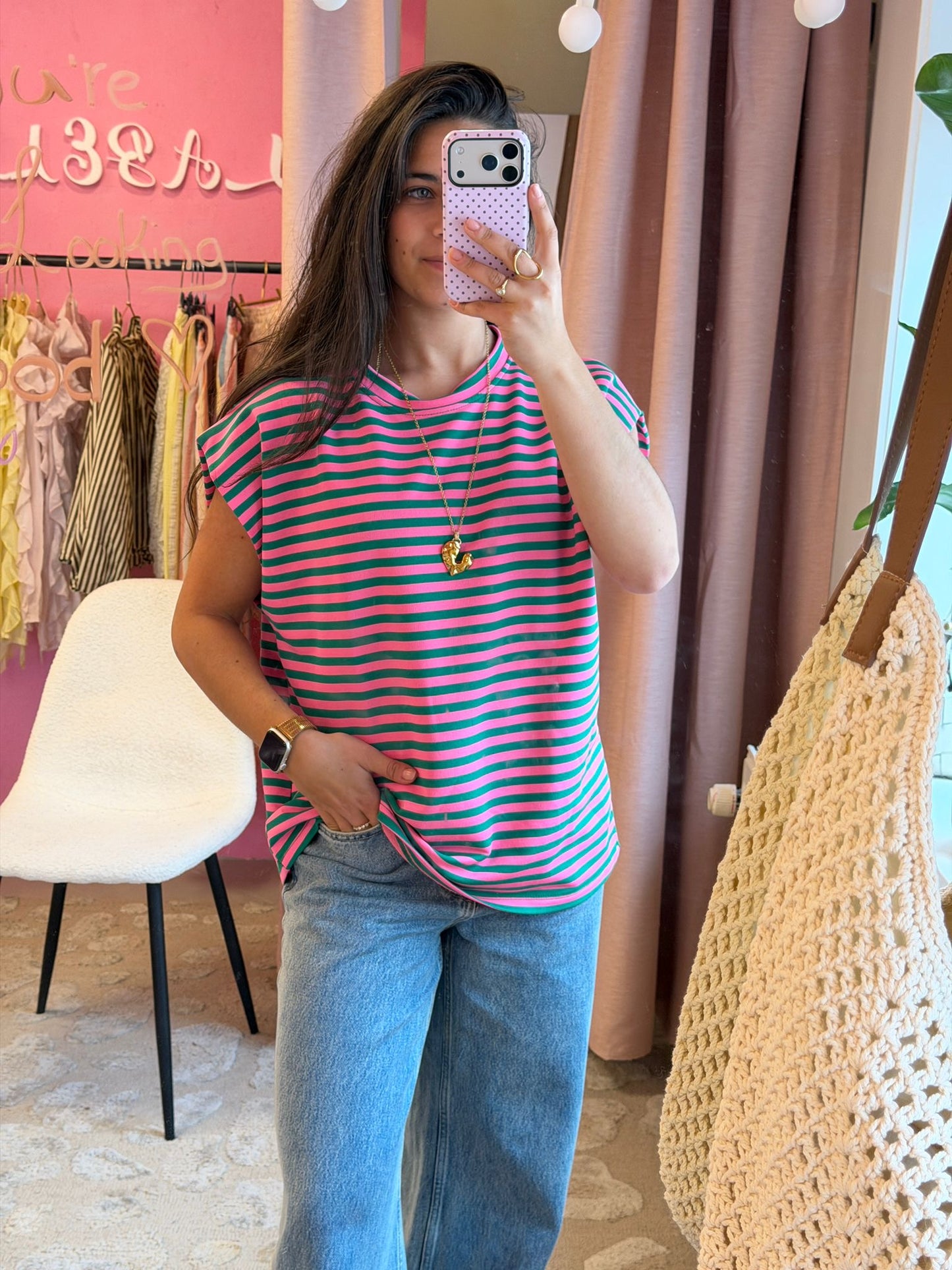Mouwloze top gestreept - roze, groen