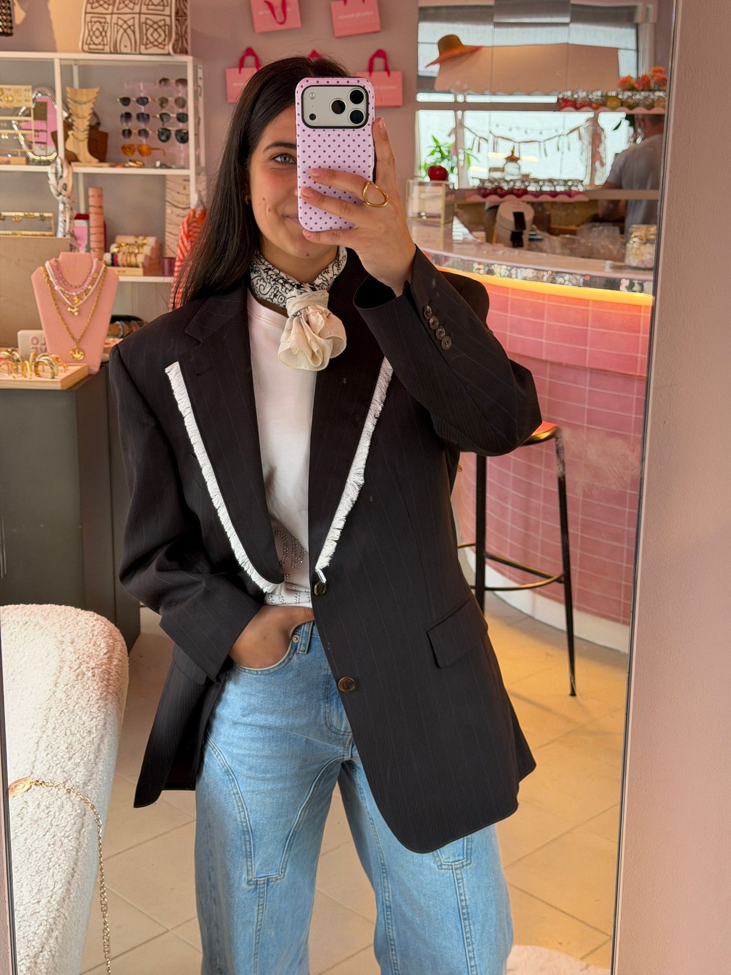 Vintage donker grijze blazer - witte franjes