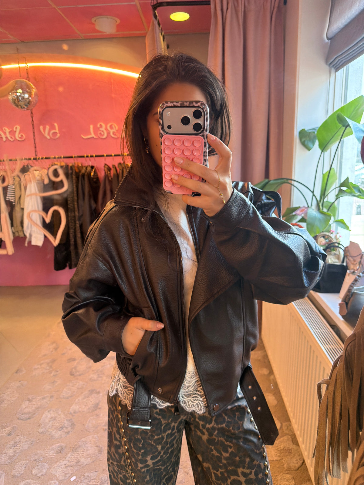 Espresso Leather Look Bomber - Bruin