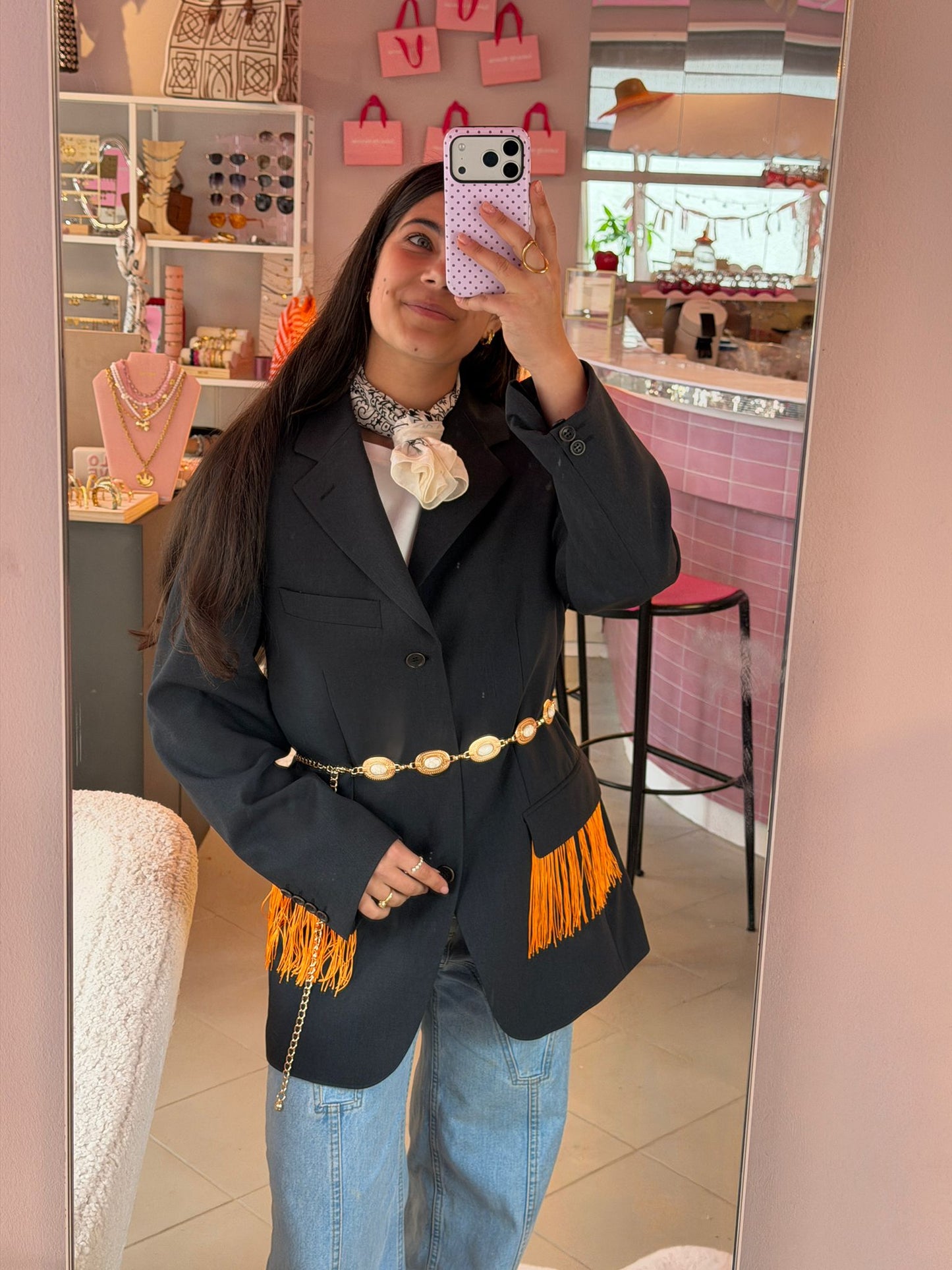 Vintage grijze blazer met franjes - oversized fit