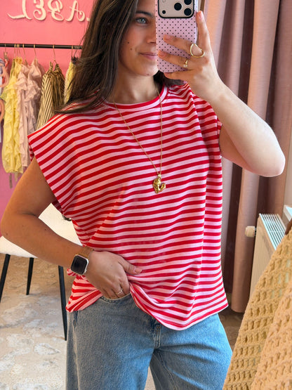 Striped mouwloze top - licht roze, donker roze