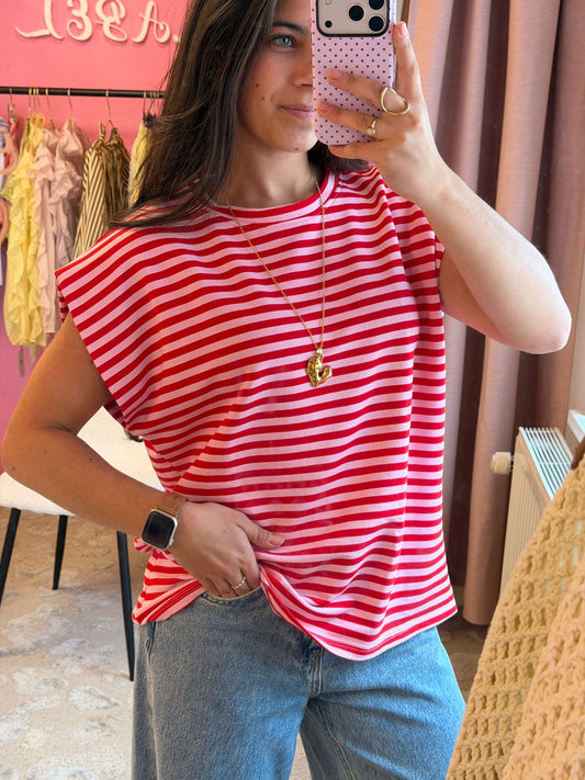 Striped mouwloze top - licht roze, donker roze