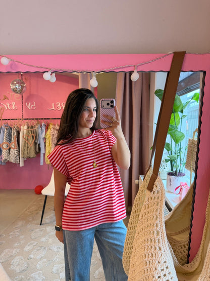 Striped mouwloze top - licht roze, donker roze
