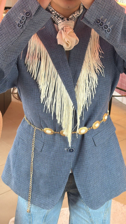 Vintage licht blauwe blazer - witte franjes