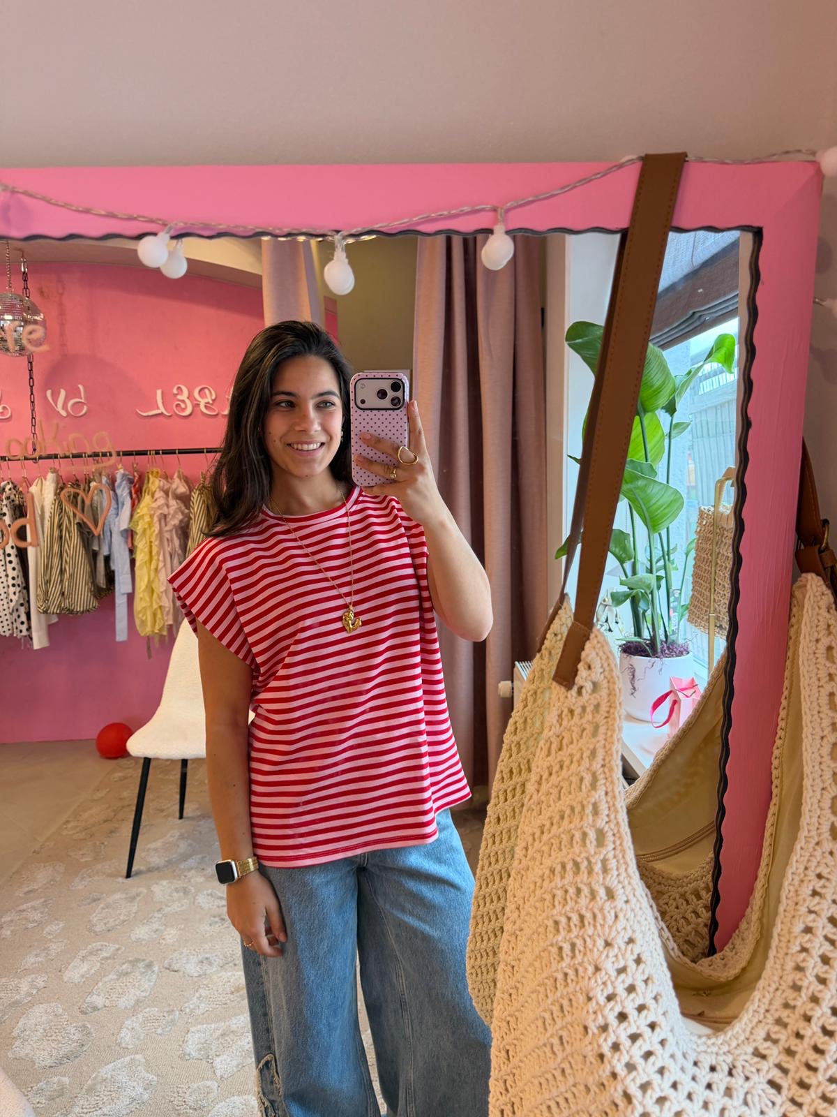 Striped mouwloze top - licht roze, donker roze