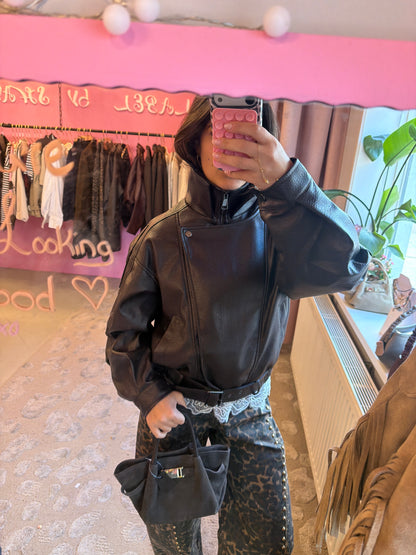 Espresso Leather Look Bomber - Bruin