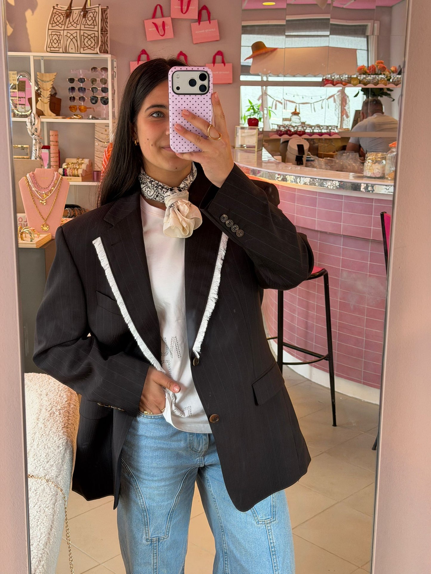 Vintage donker grijze blazer - witte franjes