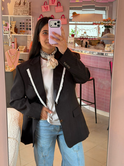 Vintage donker grijze blazer - witte franjes