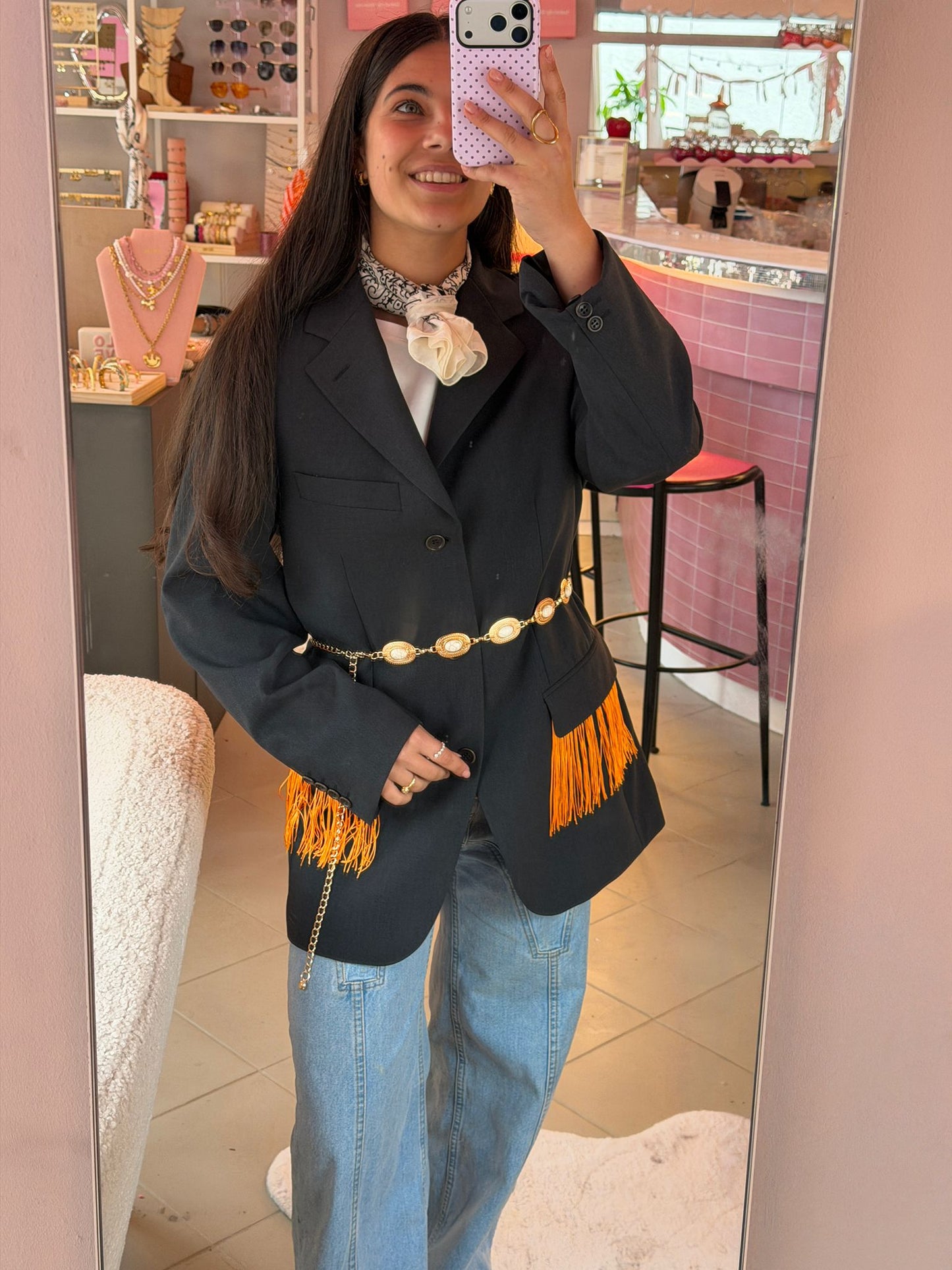 Vintage grijze blazer met franjes - oversized fit