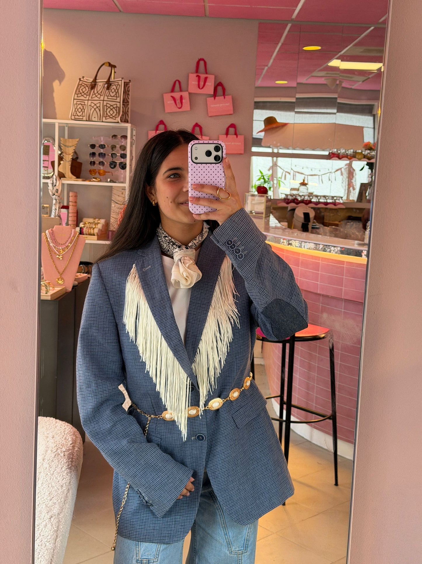 Vintage licht blauwe blazer - witte franjes