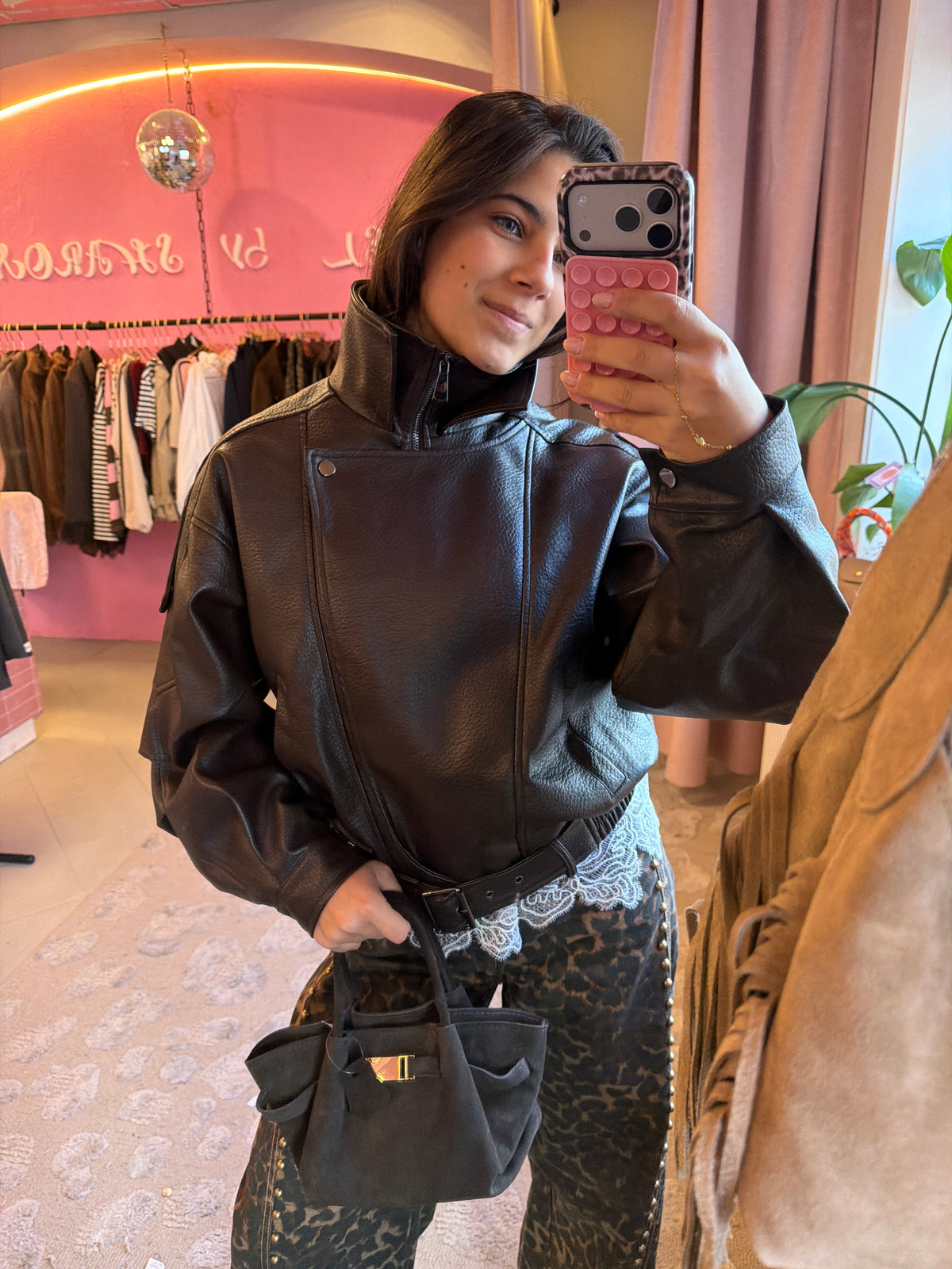 Espresso Leather Look Bomber - Bruin